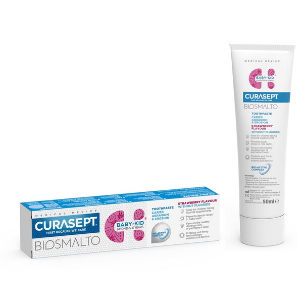 E-shop Curasept Biosmalto Baby-Kid Strawberry No Fluoride detská zubná pasta 50 ml