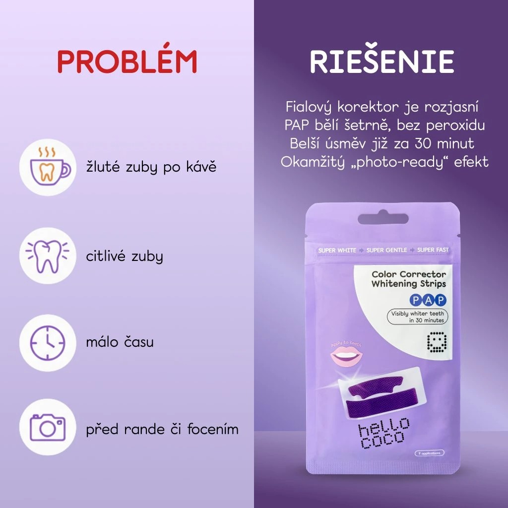 Hello Coco PAP bieliace pásky na zuby s korektorom farieb 7×2 ks