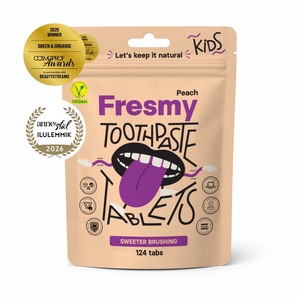 Fresmy Kids Peach detská zubná pasta v tabletách 124 ks
