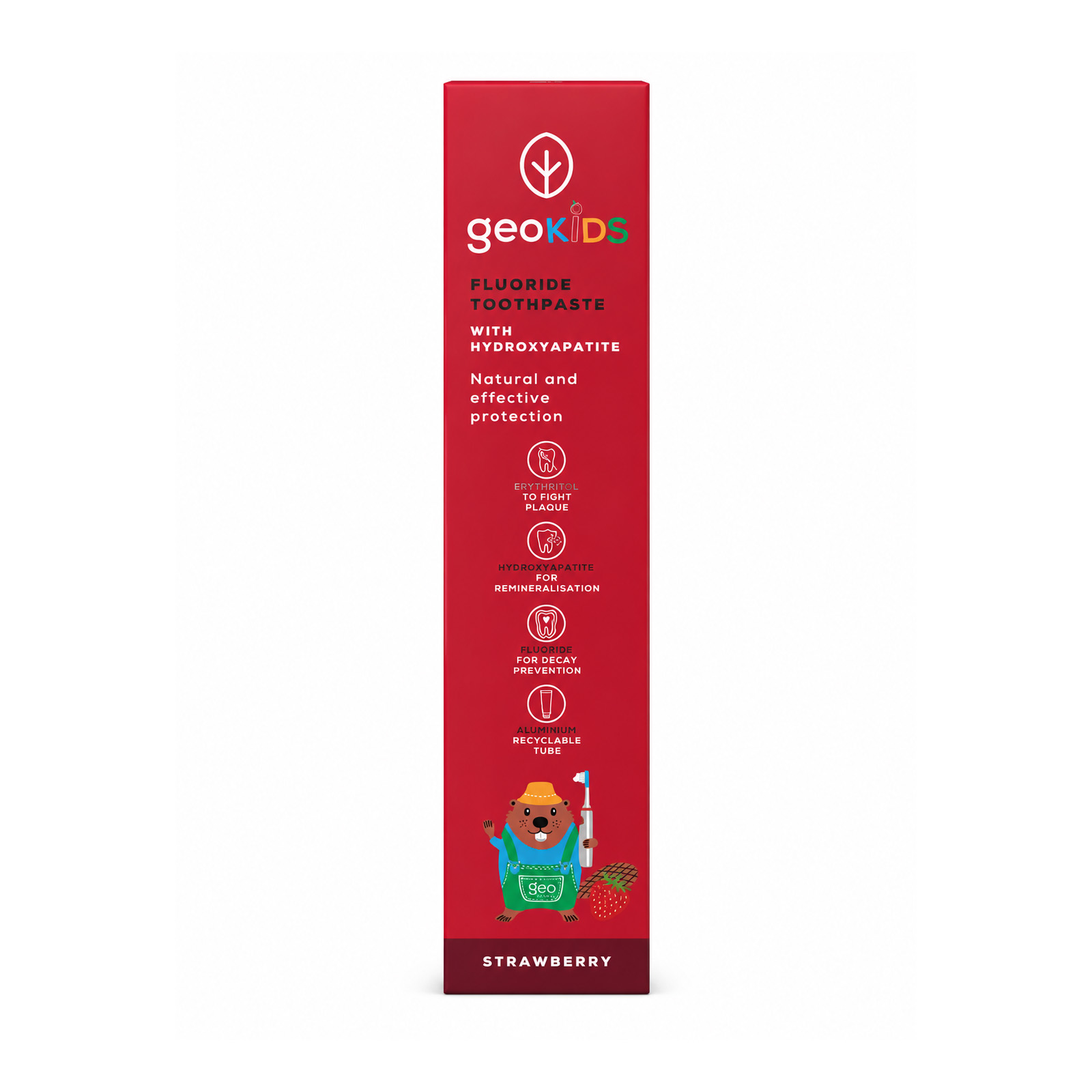 Georganics Jahoda detská zubná pasta 75 ml - geoKids Fluoride Toothpaste Strawberry červená krabička bočný pohľad biele pozadie