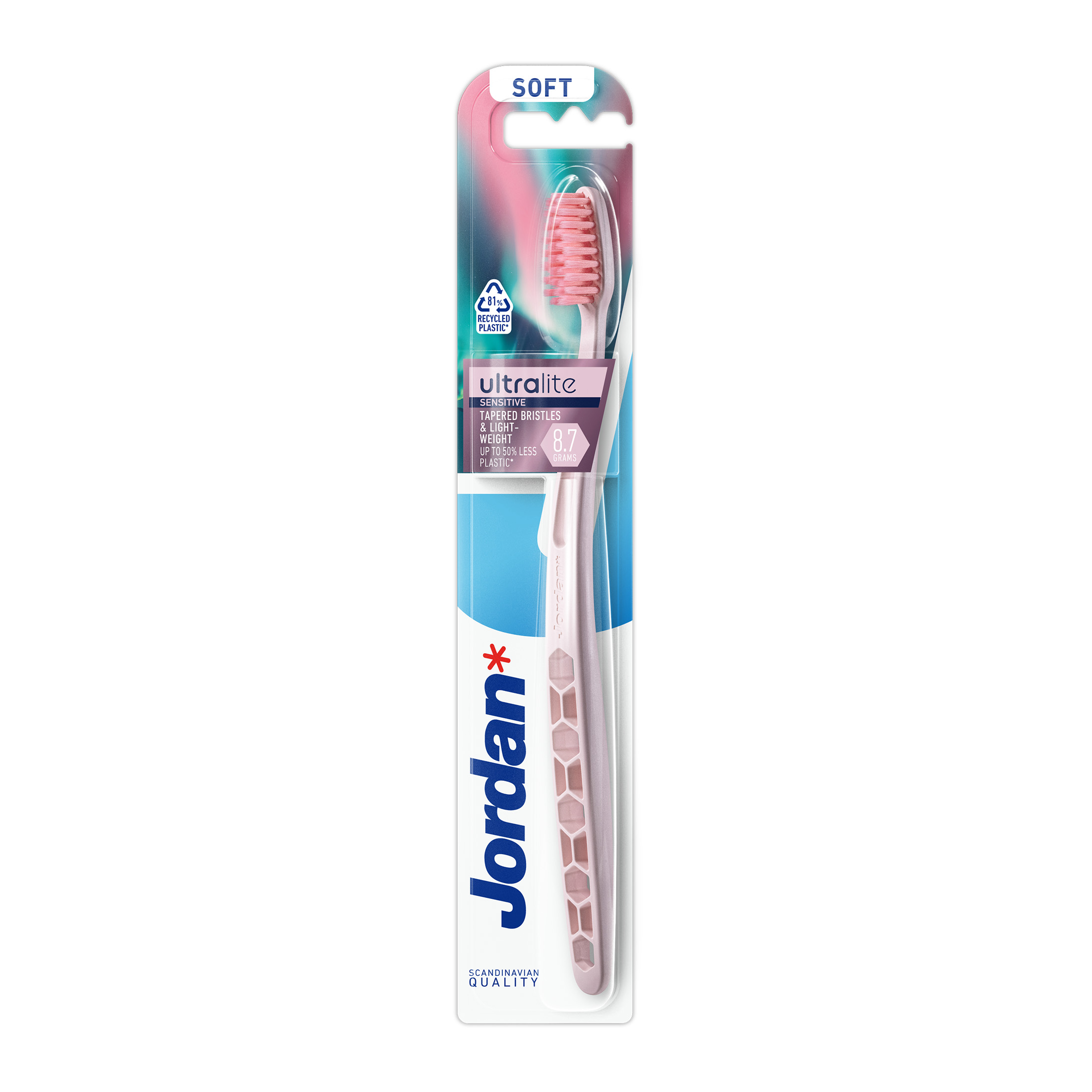 Jordan Ultralite Sensitive Soft zubná kefka 1 ks - Jordan Ultralite Sensitive Soft svetloružová zubná kefka v blistri