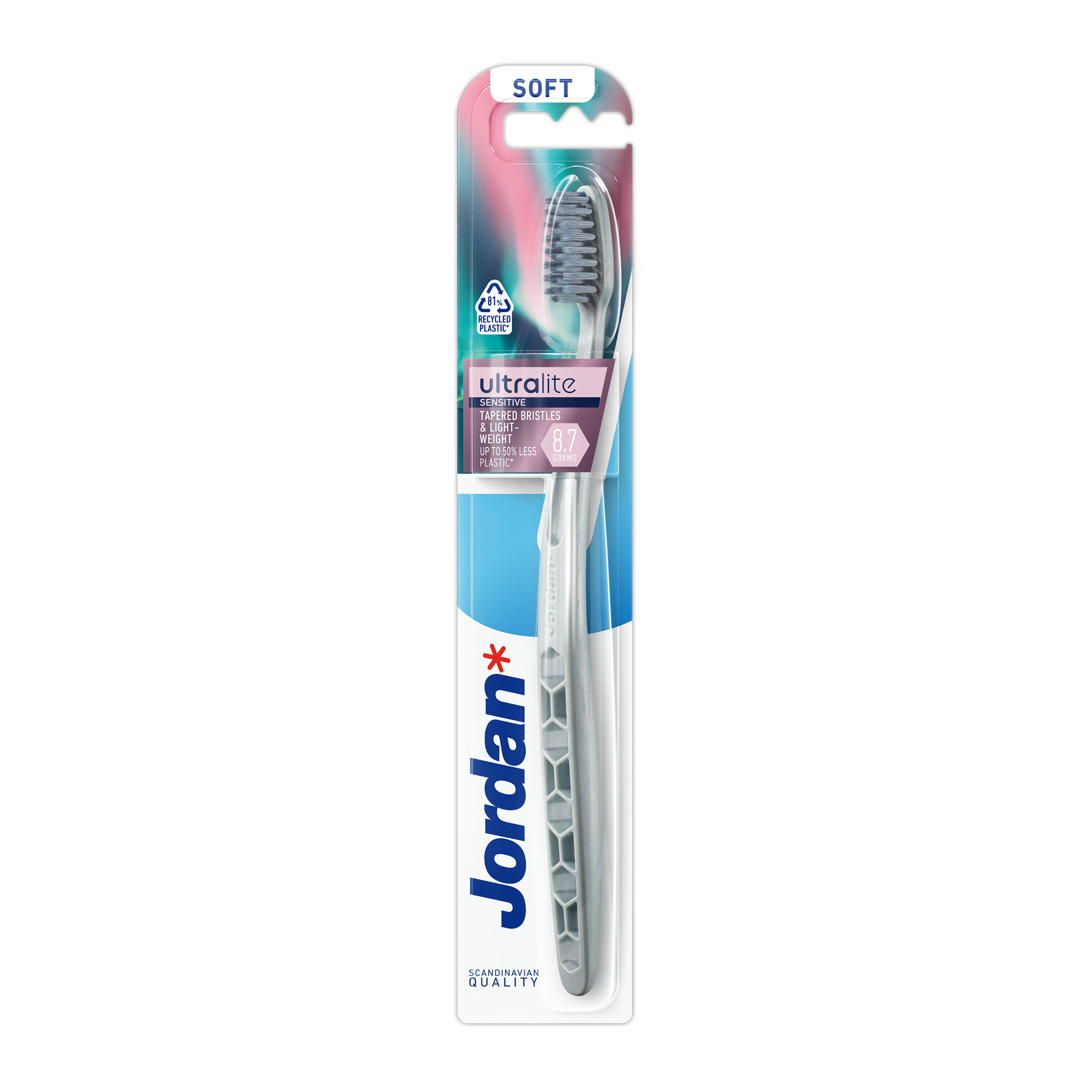 Jordan Ultralite Sensitive Soft zubná kefka 1 ks - Jordan Ultralite Sensitive Soft šedá zubná kefka v blistri