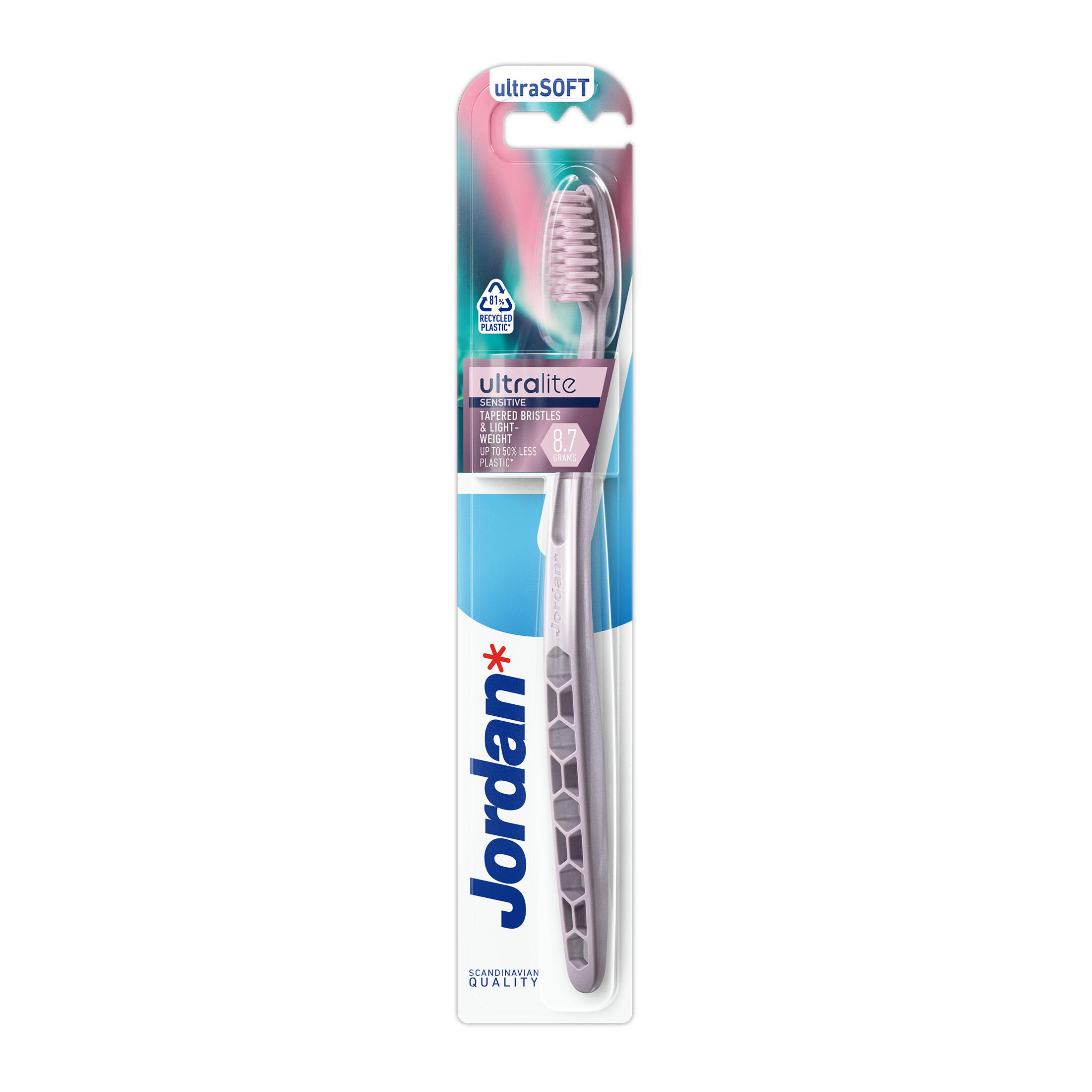 Jordan Ultralite Sensitive Ultrasoft zubná kefka 1 ks - Jordan Ultralite Sensitive fialová zubná kefka v blistri
