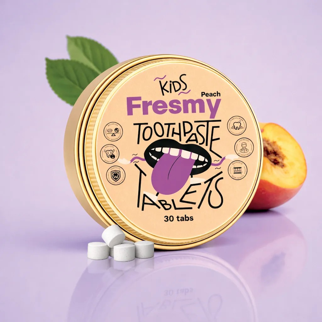 Fresmy Kids Peach detská cestovná zubná pasta v tabletách 30 ks - Fresmy Kids Toothpaste Tablets Peach zlatá plechovka broskyňa lifestyle fialové pozadie