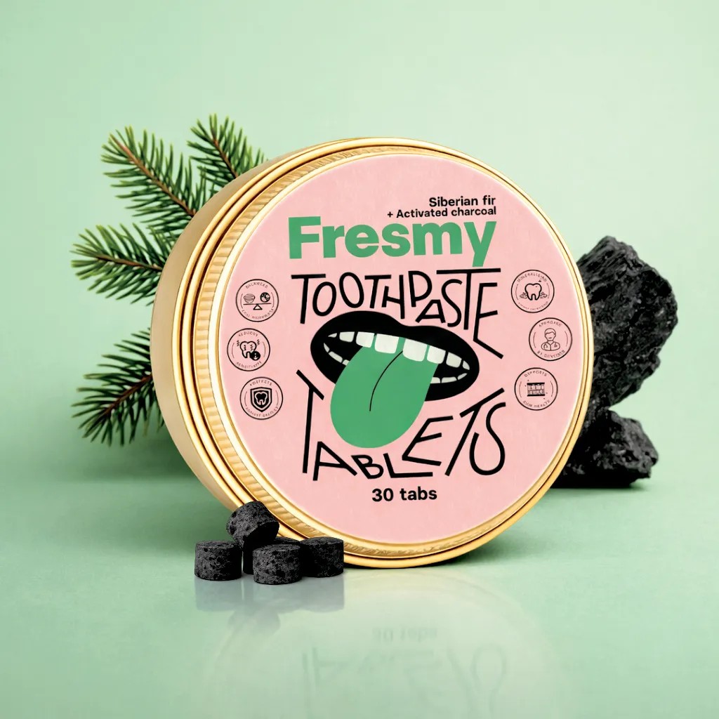Fresmy Siberian Fir & Activated Charcoal cestovná zubná pasta v tabletách 30 ks - Fresmy Toothpaste Tablets Siberian Fir Charcoal zlatá plechovka jedľa uhlie lifestyle zelené