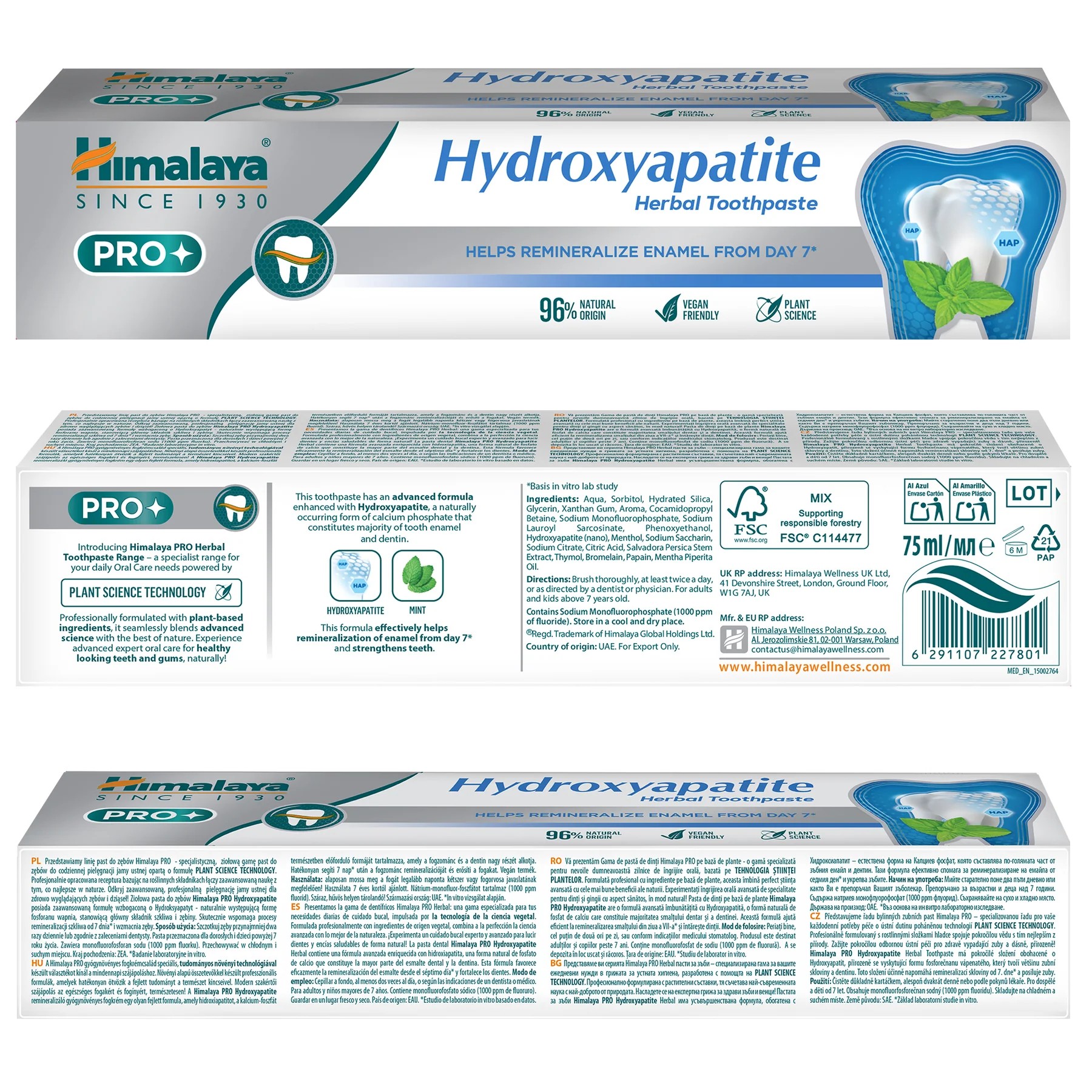 Himalaya Pro Hydroxyapatite zubná pasta 75 ml - Himalaya Hydroxyapatite zubná pasta krabička predná a zadná strana
