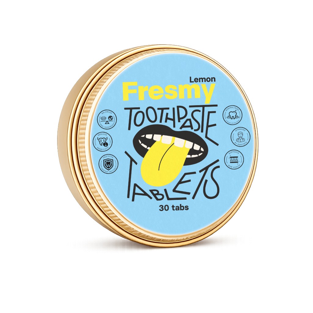 Fresmy Lemon cestovná zubná pasta v tabletách 30 ks - Fresmy Toothpaste Tablets Lemon zlatá plechovka šikmý pohľad varianta svetlomodrá