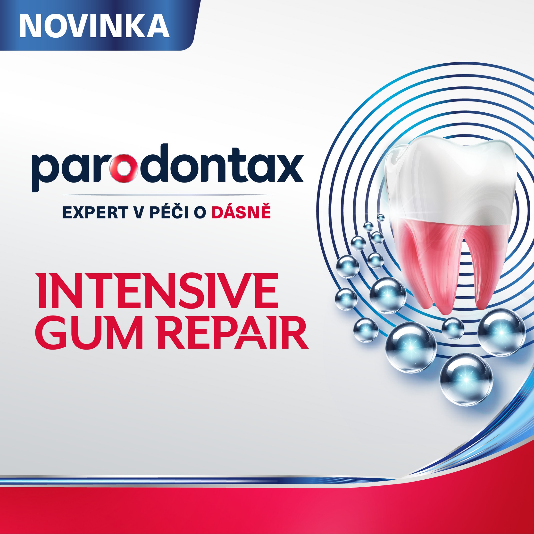 Parodontax Intensive Gum Repair White&Polish zubná pasta 75 ml - Parodontax Intensive Gum Repair novinka banner logo a ilustrácia zuba
