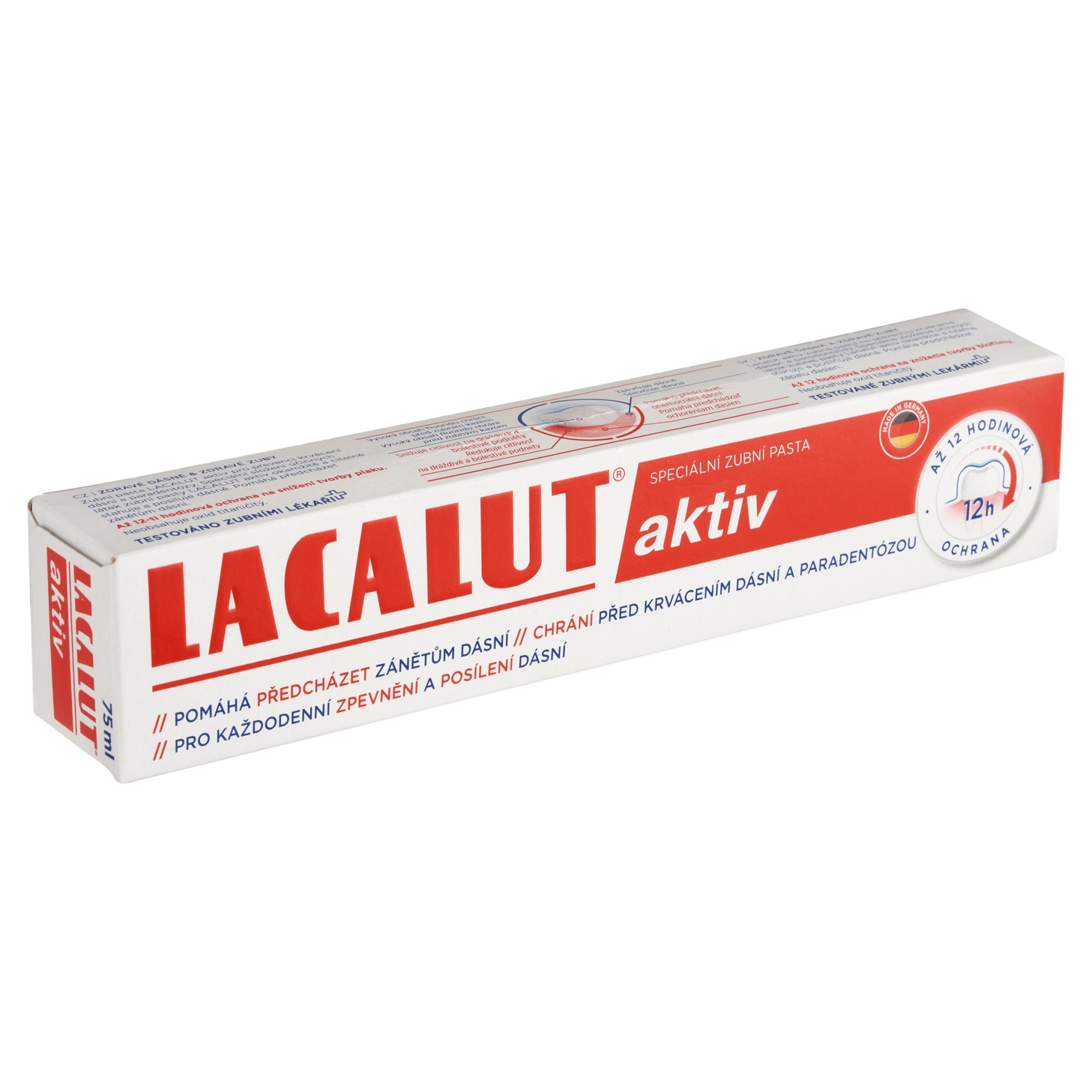 Lacalut Aktiv zubná pasta 75 ml - Lacalut Aktiv zubná pasta krabička šikmý pohľad
