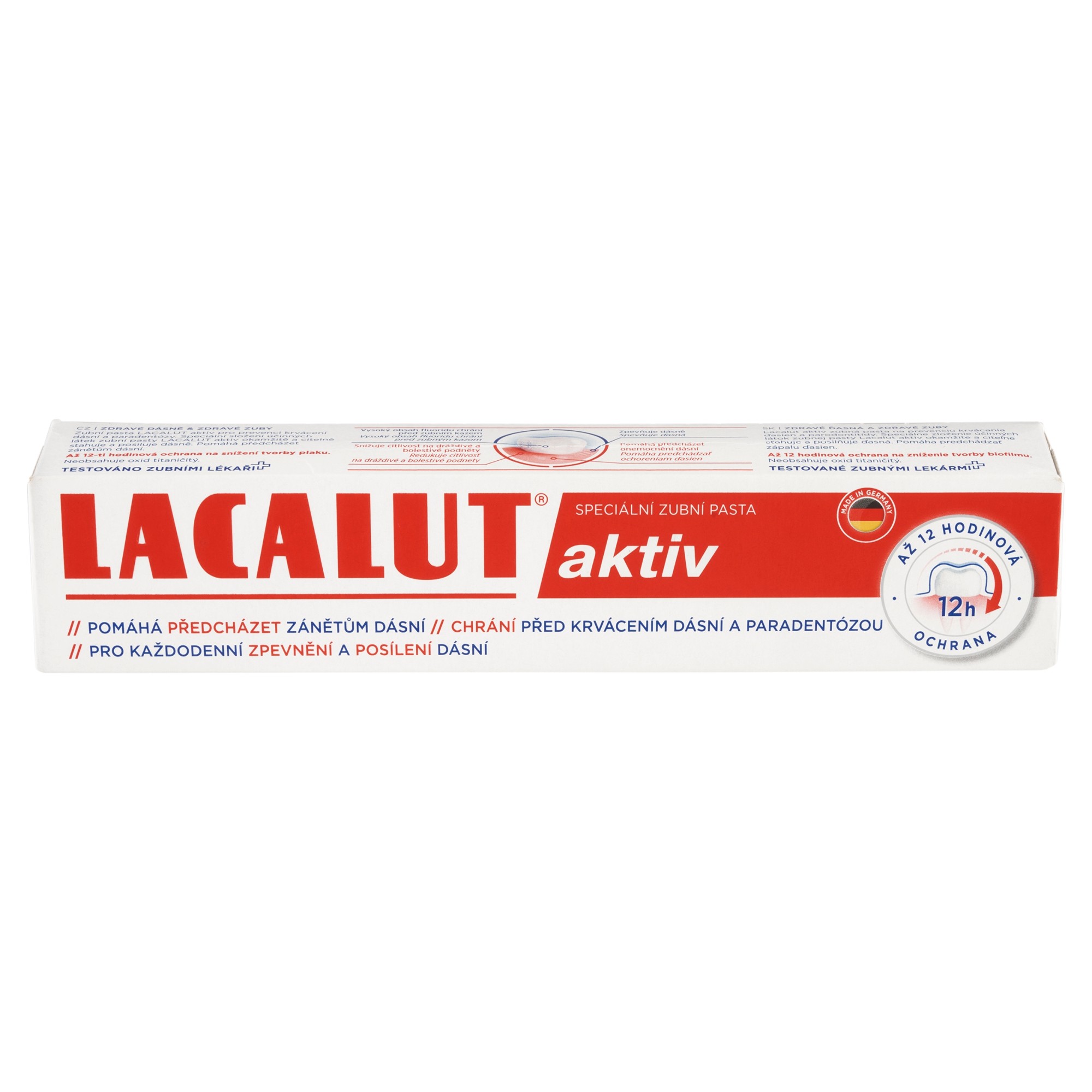 Lacalut Aktiv zubná pasta 75 ml - Lacalut Aktiv zubná pasta krabička pohľad zboku