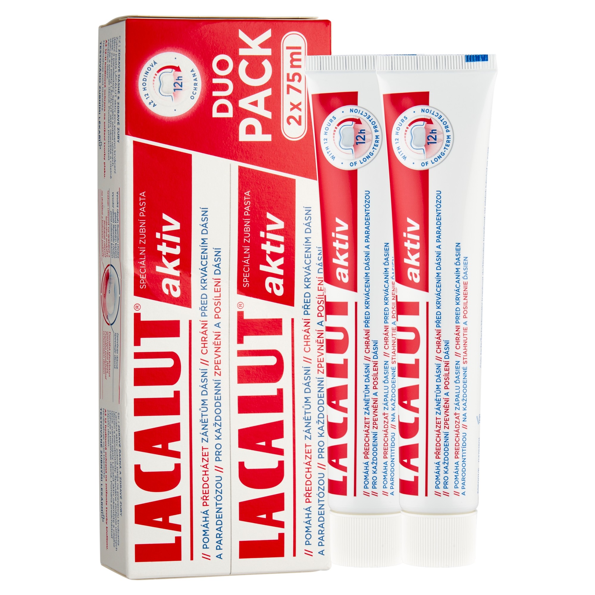 Lacalut Aktiv zubná pasta 2x75 ml - Lacalut Aktiv Duo Pack krabička a tuba zboku