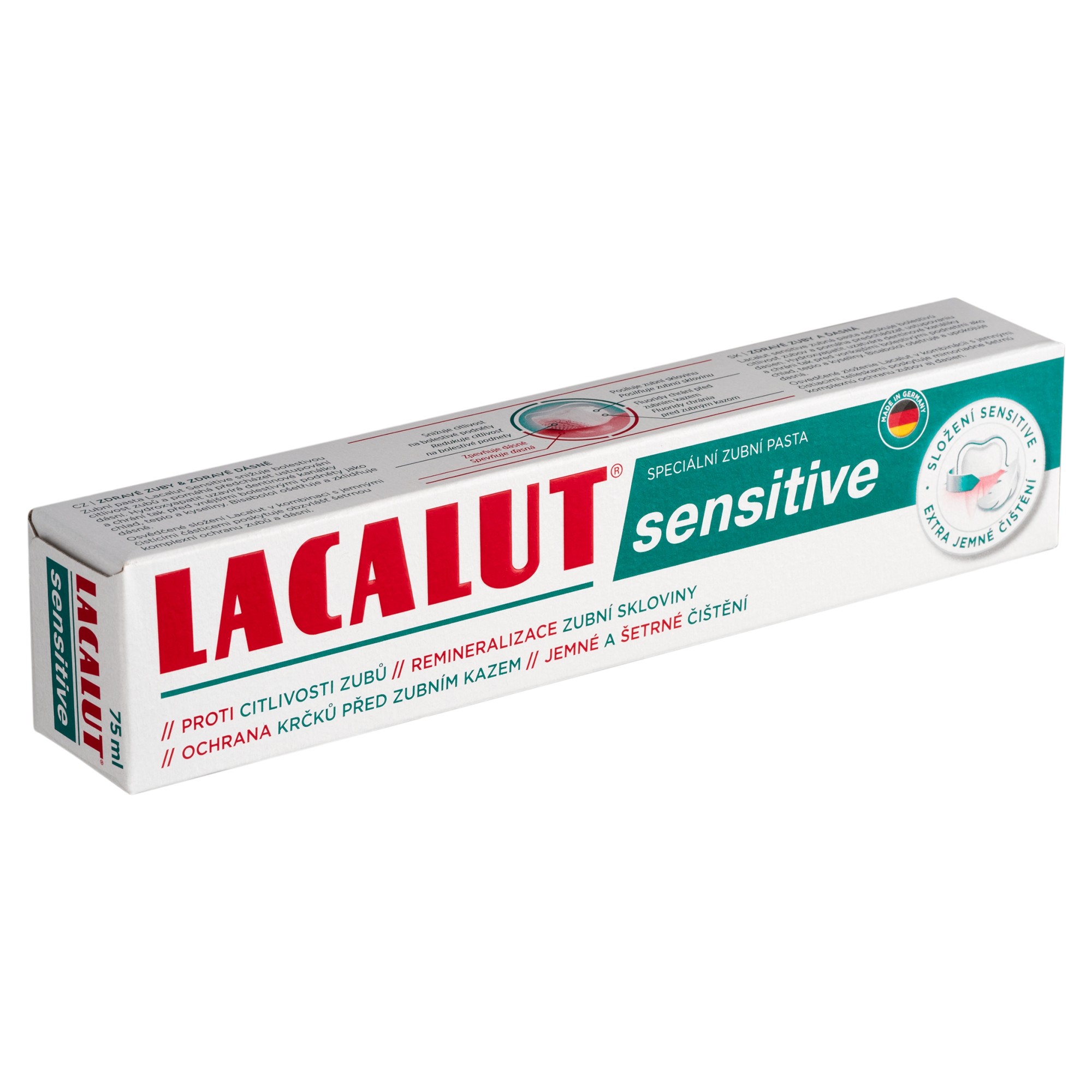 Lacalut Sensitive zubná pasta 75 ml - Lacalut Sensitive zubná pasta krabička šikmý pohľad