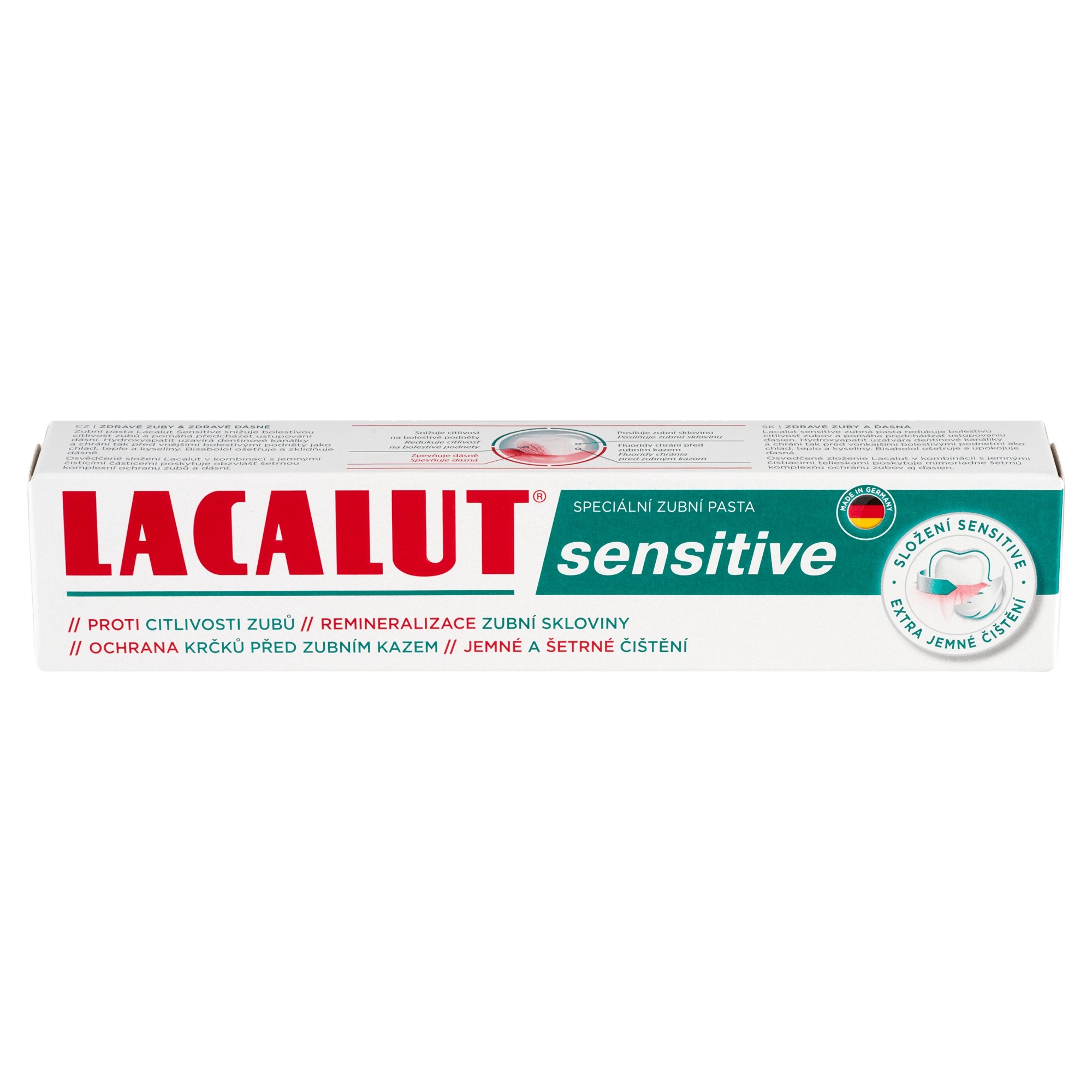 Lacalut Sensitive zubná pasta 75 ml - Lacalut Sensitive zubná pasta krabička pohľad zboku