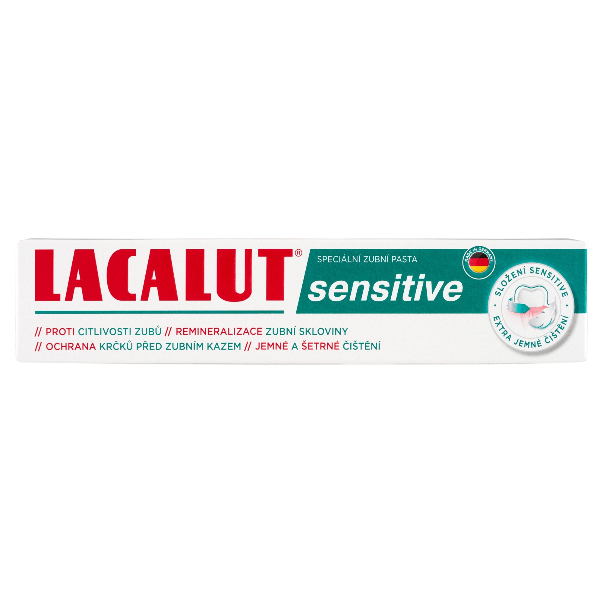 Lacalut Sensitive zubná pasta 75 ml - Lacalut Sensitive zubná pasta krabička čelný pohľad