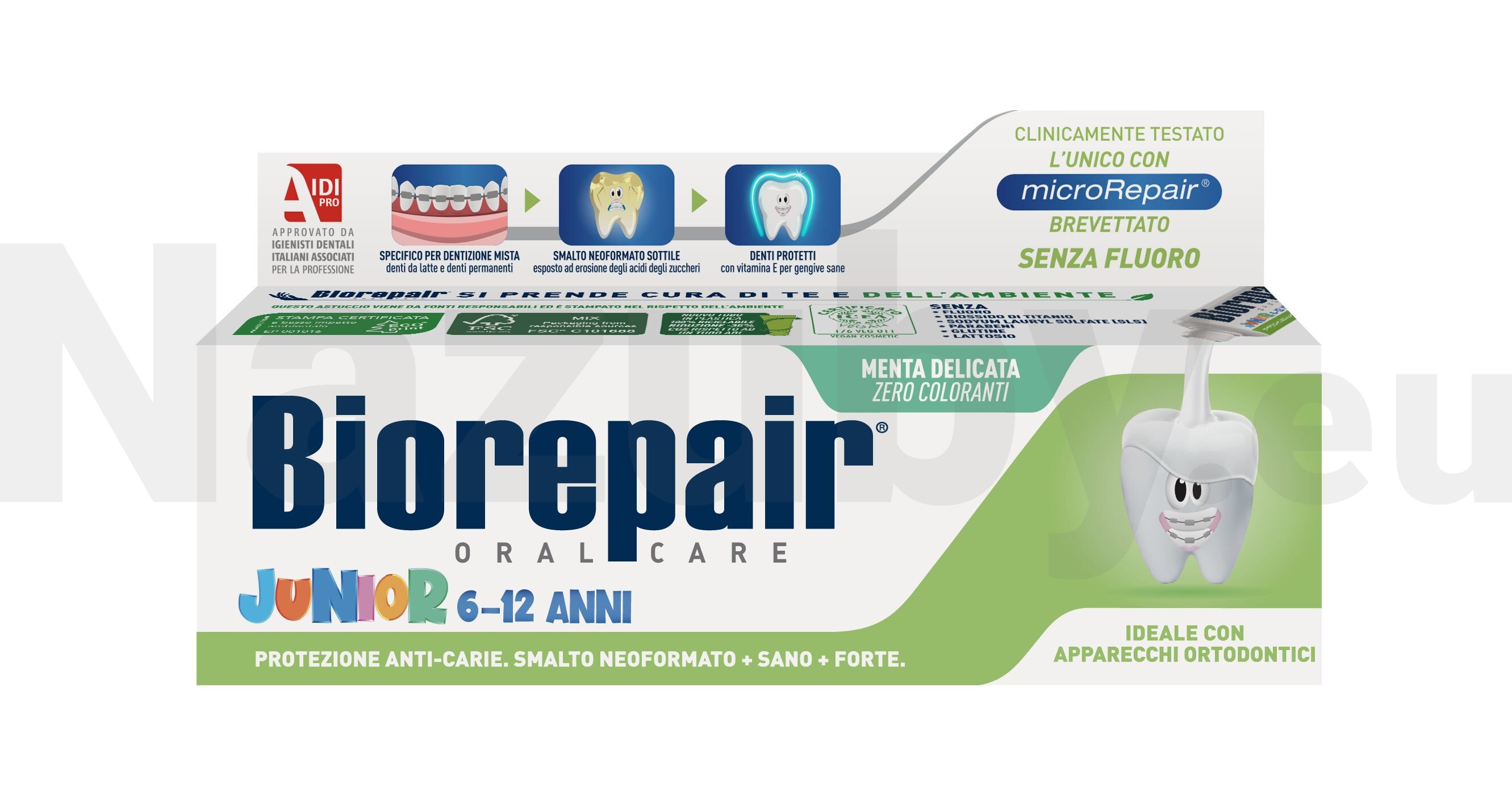 Biorepair Junior detská zubná pasta bez fluóru príchuť Mild Mint (6-12) 75 ml